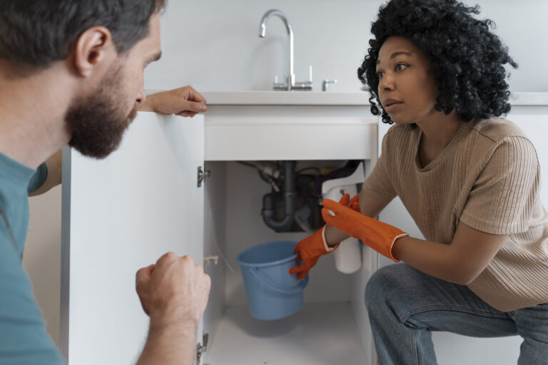 Pareja desatascando el lavabo de forma manual