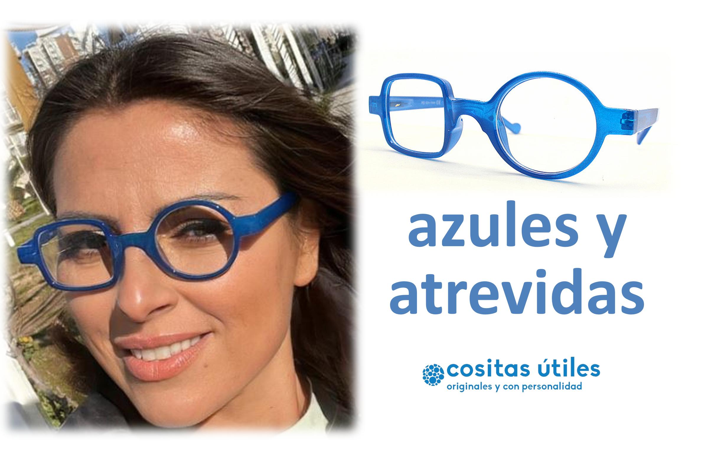 Gafas Asimétricas Azules Puestas Persona usando gafas originales asimétricas azules
