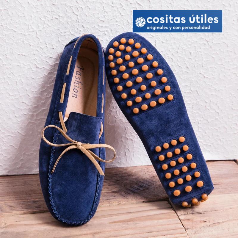 Mocasines elegantes azules de ante para hombre Mocasines de ante azul con lazo en contraste para hombre