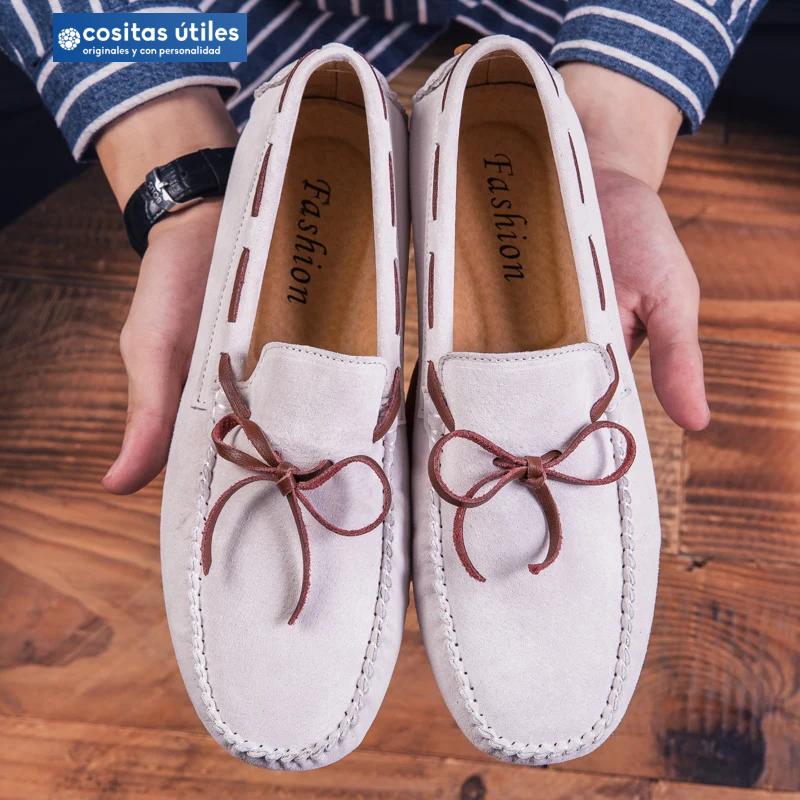 Mocasines blancos cómodos y modernos para hombre Mocasines blancos de ante con lazo en contraste