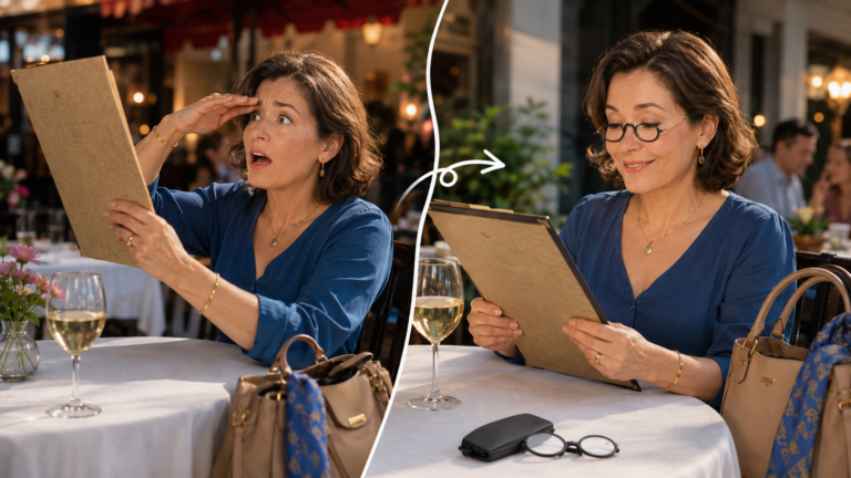 Mujer leyendo un menú con gafas de lectura sin patillas con clip para la nariz en un restaurante