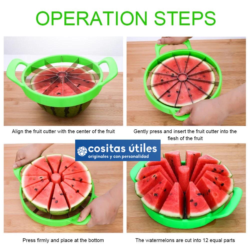 Cómo Usar el Cortador de Sandía Cortador de melón y sandía manual con cuchillas de acero inoxidable en varios pasos de uso