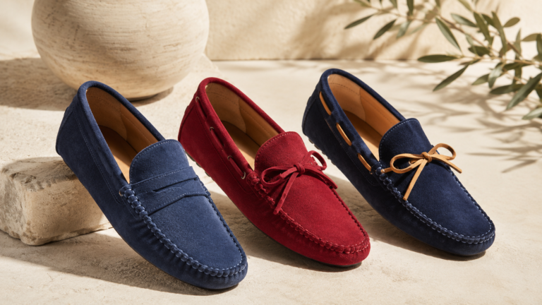 Mocasines de ante para hombre en estilo antifaz, con lazo y con lazo en contraste